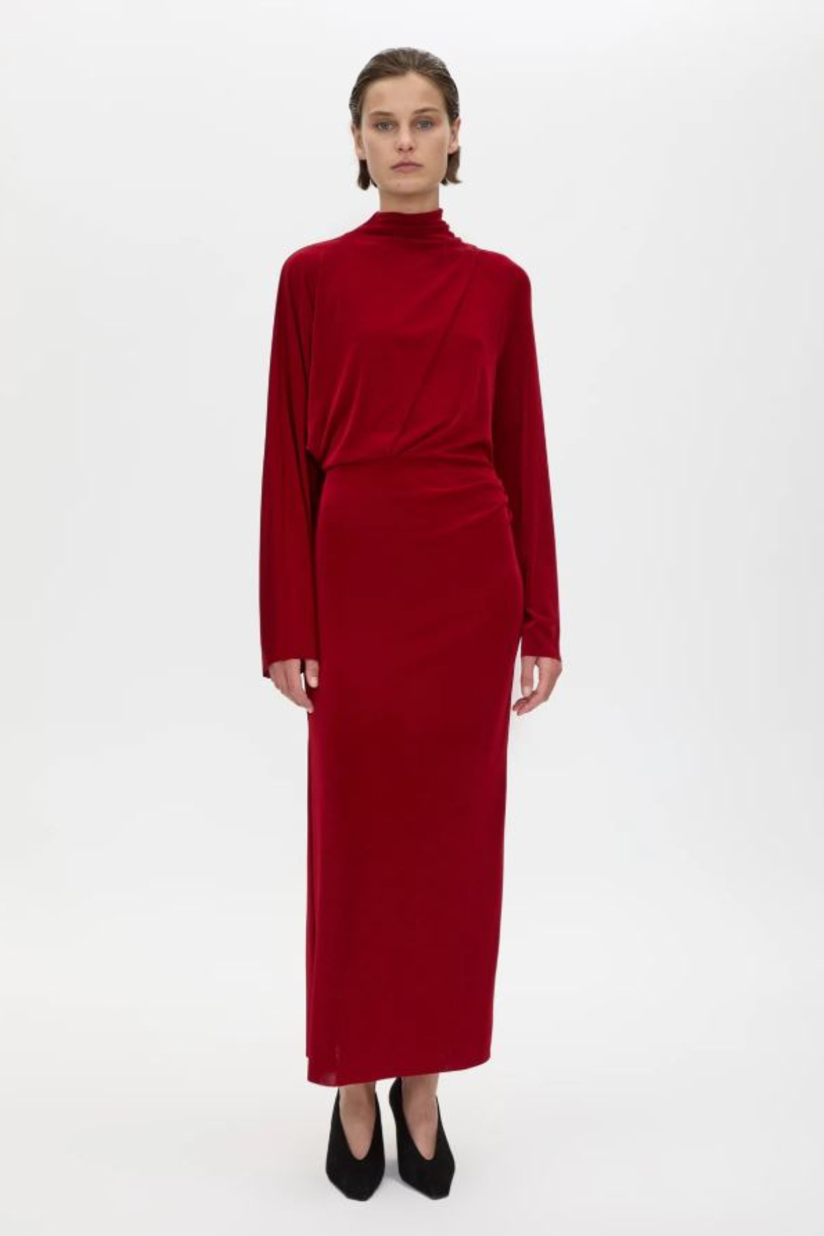 RAVINE DRAPED SLEEVE DRESS CHERRY