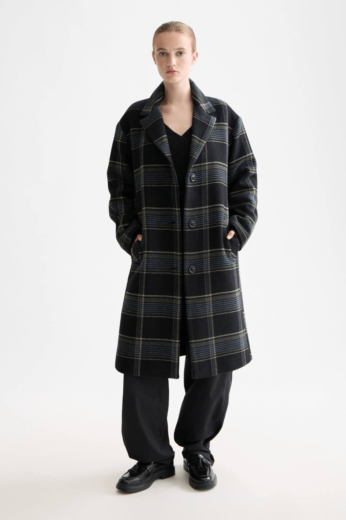 RELAXED SINGLE BREASTED WOOL COAT METEORITE CHECK