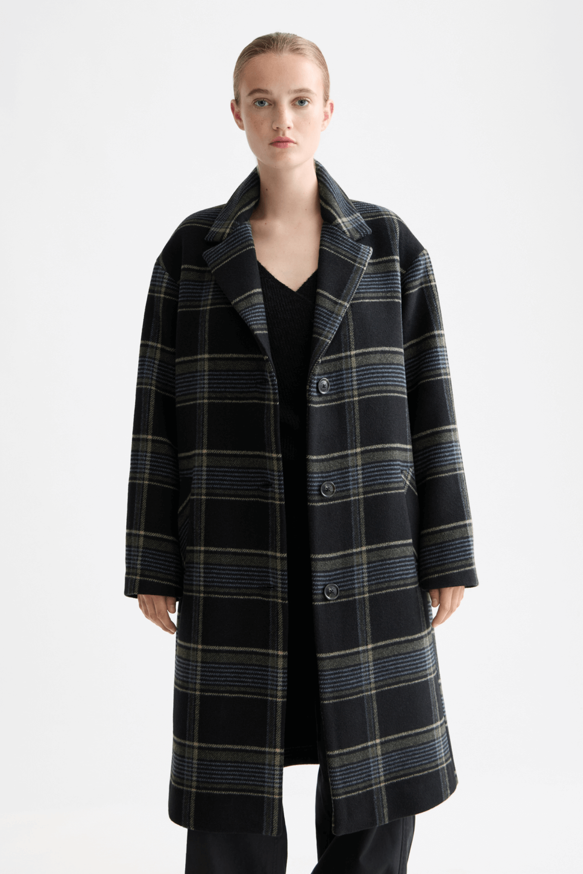 RELAXED SINGLE BREASTED WOOL COAT METEORITE CHECK
