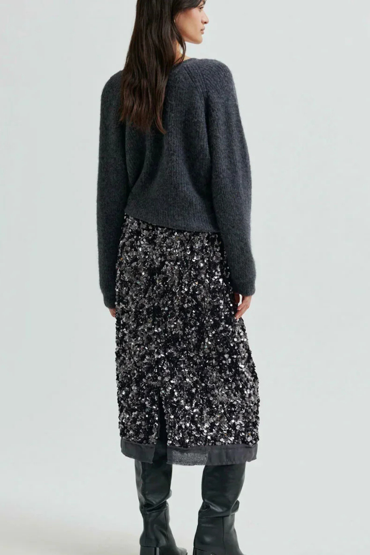 SHINY SEQUIN SKIRT GREY METAL
