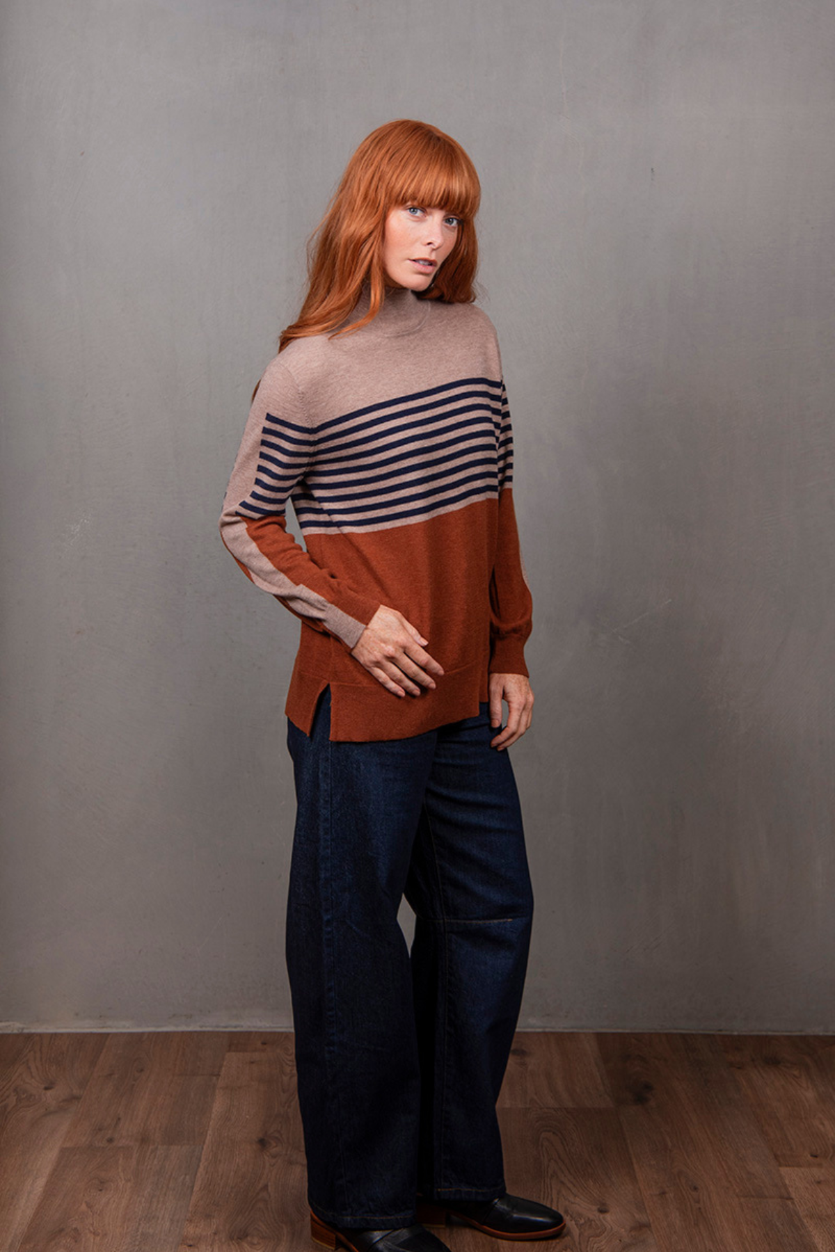 STRIPE AND COLOUR BLOCK TUINIC COGNAC/INK/COBB