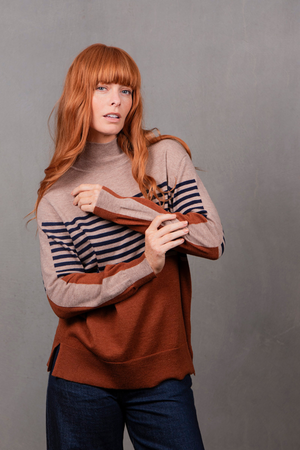 STRIPE AND COLOUR BLOCK TUINIC COGNAC/INK/COBB