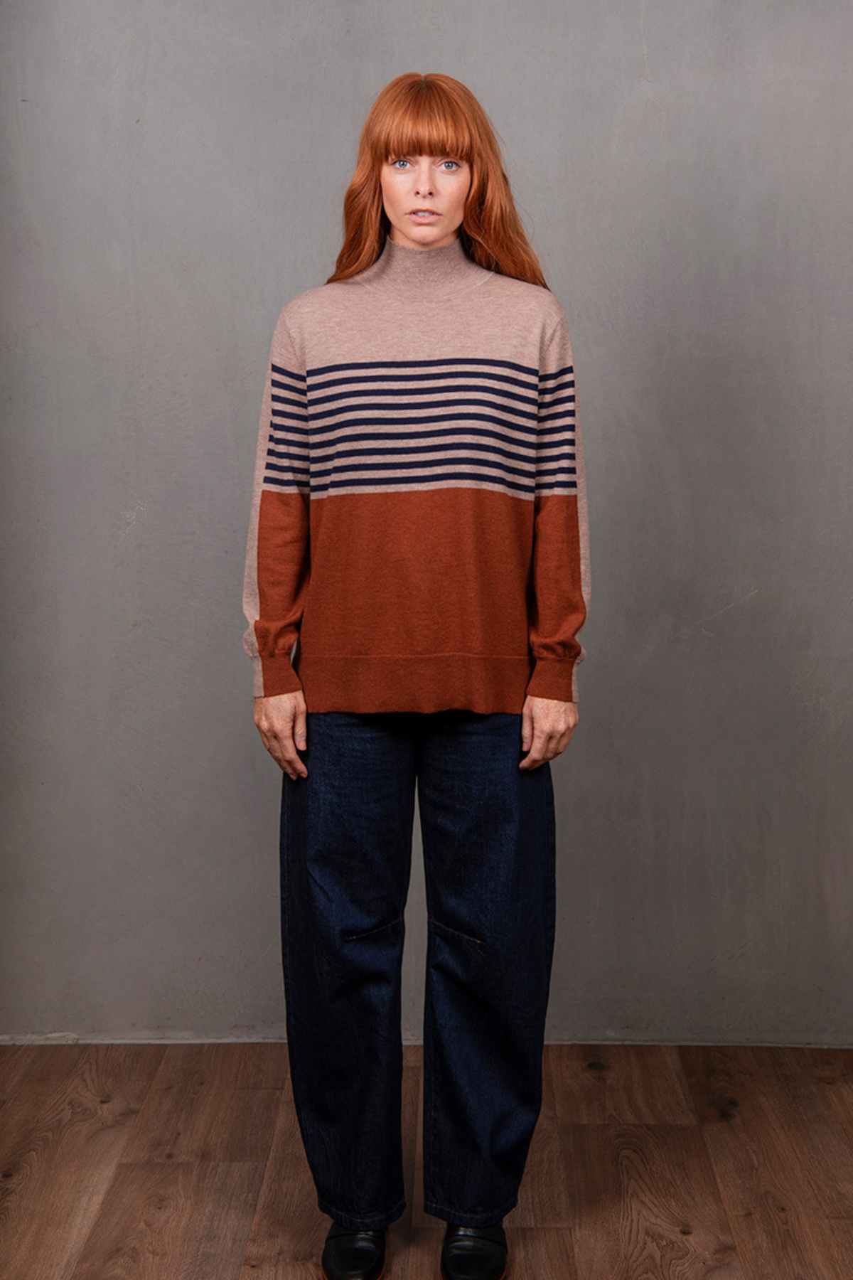 STRIPE AND COLOUR BLOCK TUINIC COGNAC/INK/COBB
