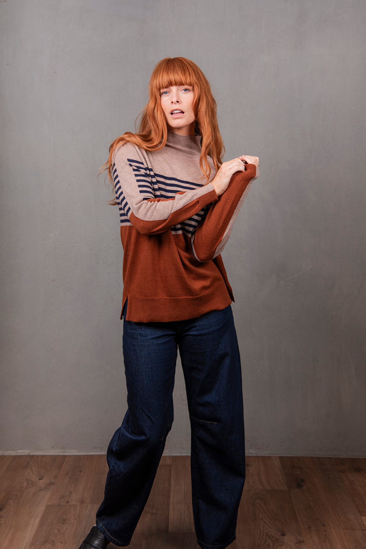 STRIPE AND COLOUR BLOCK TUINIC COGNAC/INK/COBB
