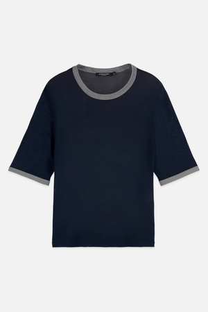 STRIPE TRIM SHORT SLEEVE PULLOVER CARBON