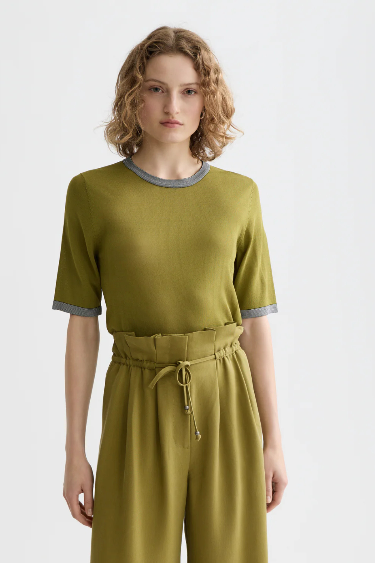 STRIPE TRIM SHORT SLEEVE PULLOVER GREEN MOSS