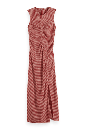 STRUCTURED GINGHAM MIDI DRESS ROADSIDE RED