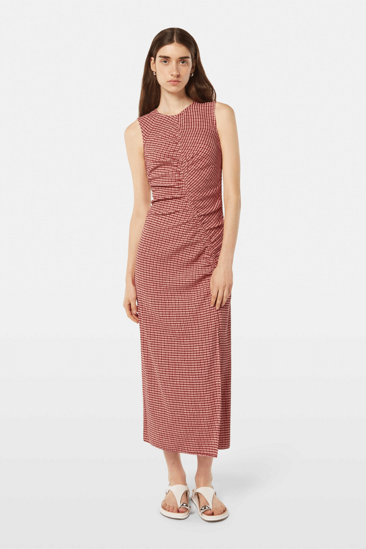 STRUCTURED GINGHAM MIDI DRESS ROADSIDE RED