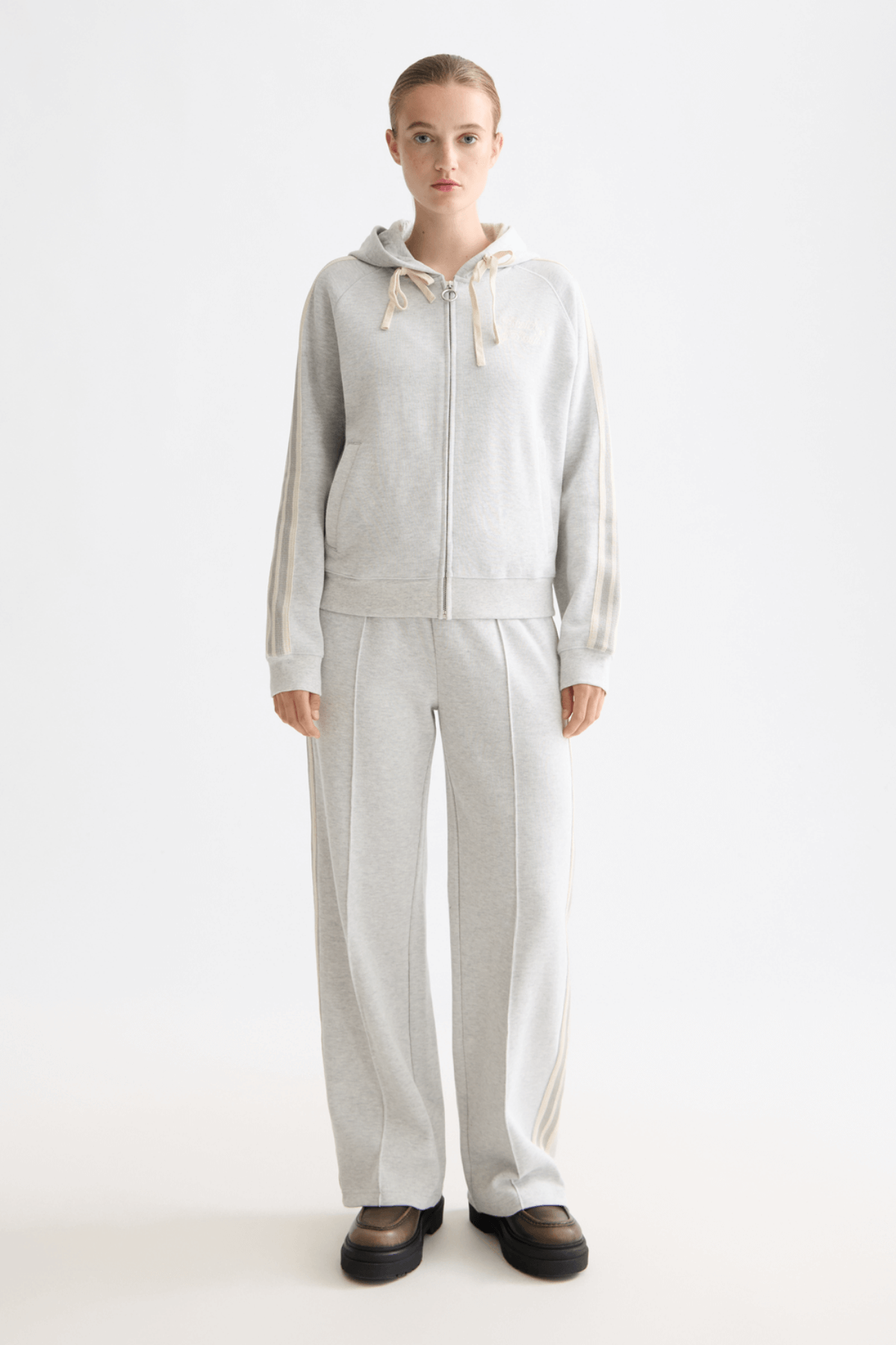 ZIP THROUGH INTERLOCK HOODIE LIGHT GREY MELANGE